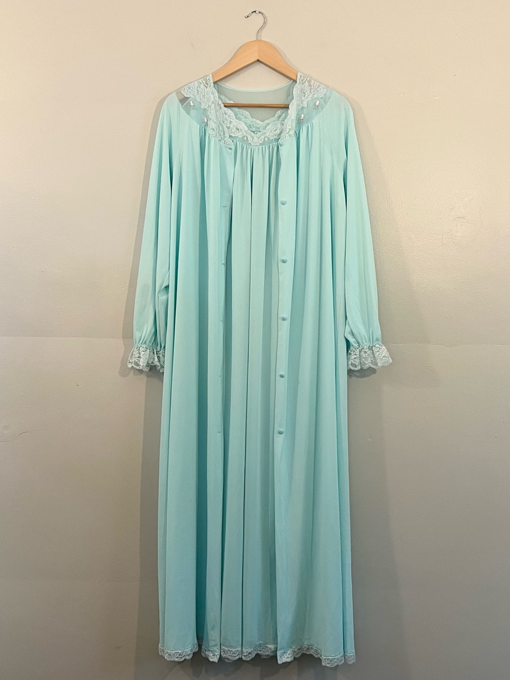 Vintage Shadowline blue lace trim nightgown and robe set retro bridal coquette